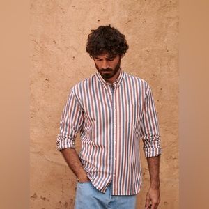 Octobre Charlie Oxford Shirt Blue, White, and Red Stripes Size L